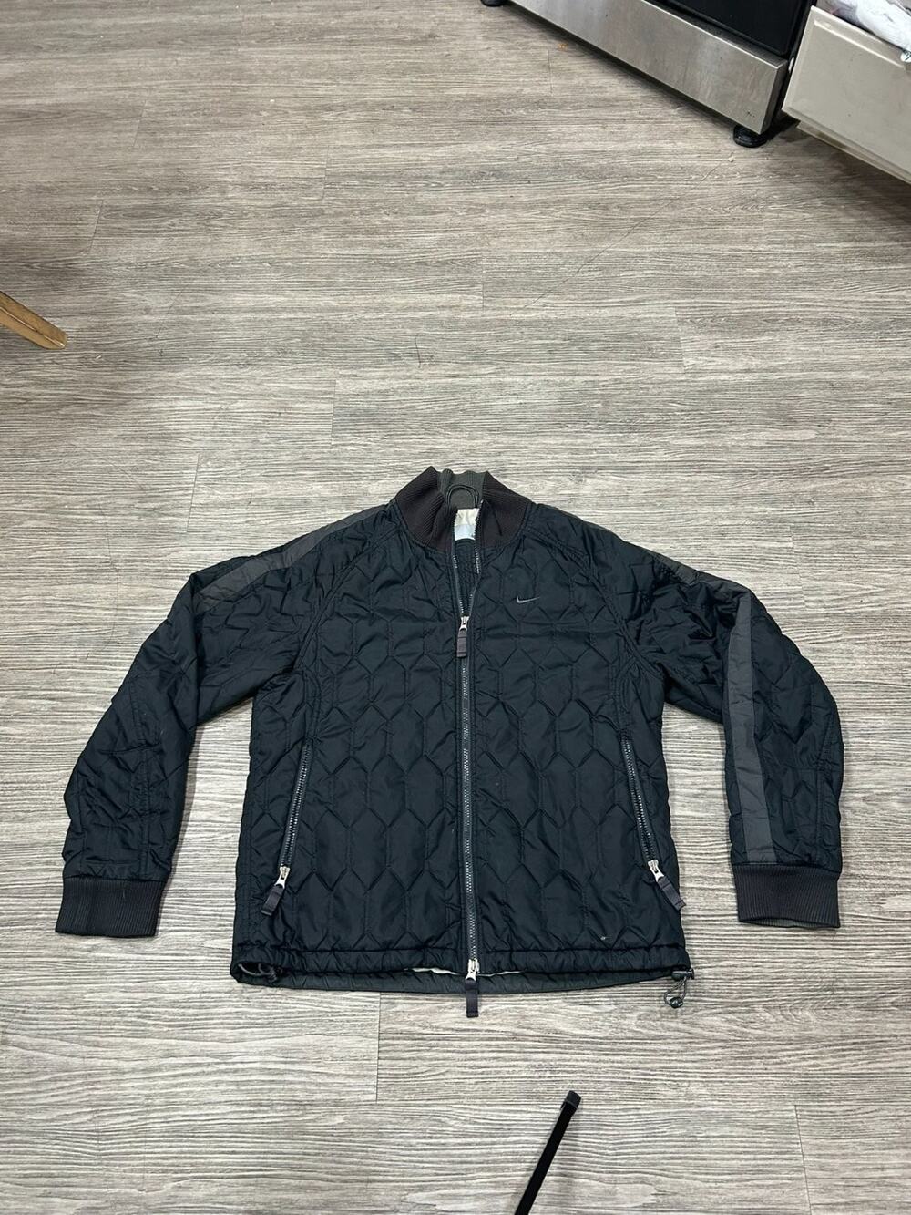 Nike Jacket 2000s Mens M Black Geometric Full Zip Quilted Insulated Cinch Hem